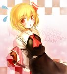  ascot bite_mark blonde_hair blush checkered checkered_background chocolate hair_ribbon juliet_sleeves long_sleeves looking_at_viewer open_mouth pink_background puffy_sleeves red_eyes ribbon rumia shirt short_hair simple_background skirt skirt_set solo spark621 striped sweatdrop text_focus touhou valentine vest white_shirt 