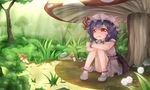  ankle_socks arm_rest bai_yemeng bat_wings commentary_request crossed_arms crying crying_with_eyes_open flower frown grass hat hat_ribbon highres knees_up lavender_hair light_rays mob_cap mushroom outdoors oversized_object parted_lips red_eyes remilia_scarlet ribbon runny_nose sad shade shoes short_hair sitting skirt skirt_set solo streaming_tears sunbeam sunlight tears touhou tree wings wrist_cuffs 