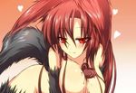  animal_ears between_breasts blush breasts brown_hair chocolate fur g_(desukingu) heart imaizumi_kagerou large_breasts long_hair nude red_eyes smile solo tail touhou valentine wolf_ears wolf_tail 