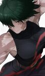  1girl belt black_pants black_shirt blood blurry_edges breasts brown_belt burn_scar green_eyes green_hair hair_over_one_eye highres jujutsu_kaisen large_breasts mendo0821 pants scar scar_on_arm scar_on_cheek scar_on_face scar_on_neck serious shirt short_hair sleeveless sleeveless_shirt turtleneck turtleneck_shirt white_background zen&#039;in_maki 