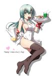  apron black_legwear blush breasts cleavage cookie cup food full_body green_eyes green_hair hair_ornament hairclip highres kantai_collection kuromayu large_breasts long_hair looking_at_viewer mouth_hold naked_apron plantar_flexion sideboob simple_background solo suzuya_(kantai_collection) teacup teapot thighhighs tray valentine white_background 