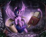  book cutie_mark equine female feral forest friendship_is_magic fur hair hi_res horn horse magic mammal multi-colored_hair my_little_pony pony purple_eyes purple_fur purple_hair rune saddlebag scroll solo sword tree twilight_sparkle_(mlp) weapon winged_unicorn wings yakovlev-vad 