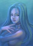  blue_eyes blue_hair breasts gills hekikai_no_aion konowa long_hair medium_breasts mermaid monster_girl realistic scar sheila_(hekikai_no_aion) solo topless upper_body 