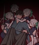  1boy 4girls armpit_cutout aud0854_01 back_cutout black_bodysuit black_hair black_hakama bodysuit bow braid braided_hair_rings clone clone_harem clothing_cutout collared_bodysuit dual_wielding eigetsu_kenbuu_chou fate/grand_order fate_(series) green_bow green_kimono hair_bow hair_rings hakama holding hug japanese_clothes kimono kishimen_hair miyamoto_iori_(fate) multiple_girls striped_bodysuit topknot turtleneck turtleneck_bodysuit two-tone_bodysuit white_bodysuit white_hair yui_shousetsu_(fate) yui_shousetsu_(first_ascension)_(fate) 