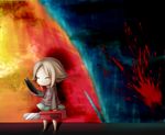  blood chainsaw chibi closed_eyes full_body holding kinago mask painting_(object) skirt solo standing turtleneck urotsuki yume_2kki 