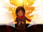  bad_id bad_pixiv_id black_hair closed_eyes curtains ebo enpera hair_ornament hairclip highres kagerou_project long_hair loss_time_memory_(vocaloid) orange_sky red_scarf scarf school_uniform sky smile solo tateyama_ayano window 