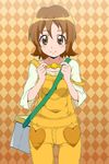  argyle argyle_background bag blush brown_eyes brown_hair candy clenched_hand eyelashes food gradient gradient_background handbag happinesscharge_precure! happy heart looking_at_viewer oomori_yuuko overalls precure short_hair simple_background smile solo standing tareme tj-type1 