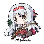  aircraft airplane archery blush boots bow_(weapon) brown_eyes chibi flight_deck gloves hairband japanese_clothes kantai_collection kyuudou long_hair muneate partly_fingerless_gloves quiver shoukaku_(kantai_collection) silver_hair single_glove skirt smile solo take_tonbo thigh_boots thighhighs weapon white_hair yugake 