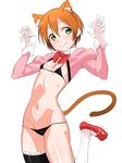  animal_ears bikini blush breasts brown_hair cat_ears cat_tail chikuishi cleavage crop_top hoshizora_rin juliet_sleeves leg_up long_sleeves looking_at_viewer love_live! love_live!_school_idol_project micro_bikini orange_hair paw_pose puffy_sleeves short_hair small_breasts smile solo swimsuit tail 