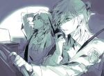  2boys akke_(akke299) beard car car_interior character_request cigarette collared_shirt driving ear_piercing earrings facial_hair goatee hair_bun hair_over_one_eye half_updo highres holding holding_walkie-talkie jewelry kanae_(nijisanji) looking_to_the_side male_focus mole mole_under_eye monochrome motor_vehicle mouth_hold multiple_boys necktie nijisanji open_mouth phone piercing police police_uniform seatbelt shirt single_hair_bun sitting smoking steering_wheel stubble walkie-talkie 