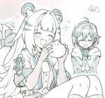  2girls :d ^_^ ahoge animal_ear_fluff animal_ears belle_(zenless_zone_zero) blush bow closed_eyes commentary_request fang fingerless_gloves food gloves hair_ornament highres holding holding_food hood hood_down ju_fufu letter_hair_ornament limited_palette multiple_girls nosir_onadat open_mouth own_hands_together smile sparkle steamed_bun striped_hair tail tail_bow tail_ornament tail_wagging tiger_ears tiger_girl tiger_stripes tiger_tail zenless_zone_zero 