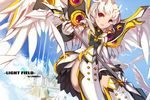  aisha_(elsword) alternate_eye_color alternate_hair_color artist_name bad_id bad_pixiv_id bird boots castle elsword feathers highres knee_boots pink_eyes short_hair skirt smile solo staff swd3e2 white_hair wings 