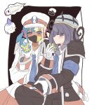  2girls bad_id bad_pixiv_id black_coat black_hat blonde_hair blue_hair blush canari_(pokemon) coat cosplay dark-skinned_female dark_skin emmet_(pokemon) emmet_(pokemon)_(cosplay) eyelashes gloves gwynn_(pokemon) han0579 hat highres holding holding_poke_ball ingo_(pokemon) ingo_(pokemon)_(cosplay) litwick long_sleeves looking_at_another mask mouth_mask multicolored_hair multiple_girls necktie nest_ball poke_ball poke_ball_symbol pokemon pokemon_(creature) pokemon_bw pokemon_legends:_z-a purple_eyes purple_hair quick_ball short_hair split-color_hair two-tone_hair tynamo unworn_hat unworn_headwear white_coat white_gloves white_hat 