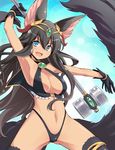  animal_ears arm_up bad_id bad_pixiv_id bare_shoulders bikini bisquelovelet black_hair black_legwear blue_eyes blush breasts cleavage fuugetsu_makoto gloves hammer large_breasts long_hair looking_at_viewer million_arthur_(series) open_mouth smile solo standing swimsuit tail thighhighs tiara 