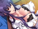  1girl black_bra bra breast_grab breasts cleavage erect_nipples game_cg grabbing highres huge_breasts long_hair looking_at_viewer milf purple_hair red_eyes saiminjutsu_2 sakurai_sawa sitting smile sweat underwear wooden_floor yoshino_keiko 