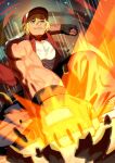  1boy baseball_cap blonde_hair blue_eyes denim fatal_fury fatal_fury_cap fingerless_gloves gloves hat highres jeans long_hair male_focus muscular pants ponytail power_geyser shirt smile solo terry_bogard torn_clothes torn_sleeves vest yagi2013 