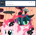  blue_eyes changeling crown duo english_text equine female fluffle_puff fluffy friendship_is_magic fur green_eyes green_hair hair horn horse mammal mixermike622 my_little_pony pink_fur pink_hair pony queen_chrysalis_(mlp) royalty text tiara tumblr 