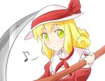  blonde_hair elly hat holding holding_scythe musical_note ribbon scythe short_hair solo touhou touhou_(pc-98) wool_(miwol) yellow_eyes 