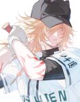  1boy arm_tattoo baseball_bat baseball_cap baseball_uniform black_shirt blonde_hair braid facial_tattoo gradient_hair hat highres honkai:_star_rail honkai_(series) male_focus medium_hair multicolored_hair mydei_(honkai:_star_rail) red_hair red_tattoo shirt side_braid simple_background solo sportswear tattoo tydjd071 undershirt white_background white_shirt yellow_eyes 