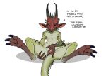 2_horns 3_toes 4_fingers animal_genitalia anthro arm_spikes baldur&#039;s_gate baldur&#039;s_gate_3 black_claws black_eyes black_horn brown_feet butt claws cloaca countershade_torso countershading demon dialogue digital_media_(artwork) digitigrade english_text featureless_chest feet female finger_claws fingers flamespitter genitals green_body head_horn hi_res hindpaw horn larian_studios leg_spikes legs_up long_claws looking_at_viewer lying membrane_(anatomy) monotone_background nude on_back paws pink_cloaca presenting presenting_cloaca presenting_hindquarters quasit_(dnd) question red_face shadow shovel_(baldur&#039;s_gate) simple_background solo spikes spikes_(anatomy) spread_cloaca spread_legs spreading tail_spines talking_to_viewer teeth text toe_claws toes webbed_arms webbed_hands white_background