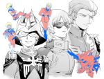  3boys aeug age_progression averting_eyes blonde_hair char's_counterattack char_aznable frown greyscale grin gundam hair_slicked_back helmet highres looking_at_viewer male_focus mask mecha_pilot_suit military_uniform mobile_suit mobile_suit_gundam monochrome multiple_boys multiple_persona neo_zeon newo_(shinra-p) normal_suit_(gundam) quattro_bajeena sazabi smile spot_color sunglasses zeon zeta_gundam 