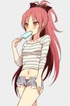  bad_id bad_pixiv_id black_panties blush bow denim denim_shorts eating fang food hair_bow long_hair mahou_shoujo_madoka_magica midriff navel open_mouth panties ponytail popsicle red_hair sakura_kyouko sexually_suggestive shirt short_shorts shorts solo standing striped striped_shirt thumb_in_pocket unbuttoned underwear unzipped yellow_eyes yutsumoe 