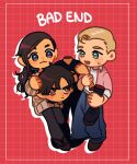  1girl 2boys :3 bad_end black_pantyhose black_shirt blonde_hair blue_pants blush blush_stickers border brown_eyes brown_hair brown_shoes carlos_(kyokugen_dasshutsu) chaie chibi chibi_only closed_mouth commentary dot_nose english_commentary english_text eyelashes green_eyes grid_background highres holding_detached_head holding_limb jacket junpei_(kyokugen_dasshutsu) kurashiki_akane kyokugen_dasshutsu long_hair merchandise_available multiple_boys open_clothes open_jacket open_mouth pants pantyhose pink_jacket purple_eyes red_background severed_arm severed_head severed_leg severed_limb shirt shoes short_hair smile spoilers sweatdrop sweater v-neck white_shirt zero_escape:_toki_no_dilemma 