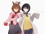  2girls agnes_tachyon_(tach-nology)_(umamusume) agnes_tachyon_(umamusume) agnes_tachyon_(umamusume)_(cosplay) ahoge animal_ears artist_name black_eyes black_necktie black_shirt bob_cut breasts brown_hair chemical_structure closed_mouth coat collared_shirt commentary cosplay costume_switch cowboy_shot dress_shirt earrings fooring grey_skirt hair_between_eyes hair_over_eyes hem_peeking_out horse_ears horse_girl jewelry juliet_sleeves lab_coat light_blush long_bangs long_sleeves looking_at_viewer monogatari_(series) multiple_girls naoetsu_high_school_uniform necktie open_clothes open_coat oshino_ougi oshino_ougi_(cosplay) pale_skin pantyhose pen pink_shirt pleated_skirt puffy_sleeves red_eyes red_trim school_uniform shirt short_hair short_necktie side-by-side single_earring skirt sleeves_past_fingers sleeves_past_wrists small_breasts smile standing sweater_vest trait_connection turtleneck twitter_username umamusume very_long_sleeves white_coat wolf_cut yellow_sweater_vest 
