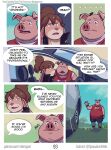 anthro bandage basil_(mikrogoat) body_hair bottomwear breasts car clothed clothed_anthro clothed_female clothed_male clothing comic dialogue domestic_pig duo english_text eyebrows female fur gesture group hair hi_res horn jacket lagomorph leporid male mammal mikrogoat outside overweight overweight_anthro overweight_male piercing pink_body pink_fur pink_skin rabbit ruby_(mikrogoat) shirt shorts smile suid suine sus_(pig) tank_top teeth text tongue topwear url vehicle waving
