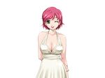  1girl bare_shoulders breasts cleavage dress game_cg green_eyes happoubi_jin iihara_nao large_breasts legs looking_at_viewer open_mouth pink_hair resort_boin short_hair simple_background smile solo standing thighs white_background wink 