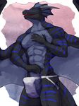  abs anthro biceps big_muscles black_dragon black_skin blekarotva blue_eyes blue_skin body_markings bulge claws dragon erection fahleir fangs fin fins grey_skin grin horn jockstrap male markings muscles open_mouth pec_grasp pecs penis pose reptile scales scalie smile solo standing stripes tatsumi_(character) teeth toned topless underwear wings 