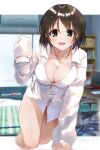  air_conditioner bedroom black_hair blurry blurry_background blush bookshelf borrowed_clothes breasts cleavage computer desk dress_shirt green_eyes harada_miyo highres idolmaster idolmaster_cinderella_girls jewelry kneeling laptop naked_shirt necklace paopao shirt short_hair sleeves_past_fingers sleeves_past_wrists smile thighs white_shirt window 
