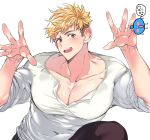 1boy alfi_(tok) blonde_hair brown_pants granblue_fantasy grey_eyes korean_text looking_at_viewer male_focus one_knee open_mouth pants pectorals shirt simple_background smile solo vane_(granblue_fantasy) white_background white_shirt 