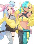  2girls :d aqua_hair aqua_pants bare_shoulders black_mask black_pants black_shorts blonde_hair blue_eyes blue_hair blush bow-shaped_hair breasts canari_(pokemon) character_hair_ornament cleavage collarbone commentary_request criss-cross_straps dark-skinned_female dark_skin fake_hair_bun grey_pantyhose grin groin hair_between_eyes hair_ornament halter_shirt halterneck hand_on_own_hip hexagon_print highres iono_(pokemon) jacket long_hair long_sleeves looking_at_viewer mask mask_pull medium_breasts midriff mouth_mask multicolored_hair multiple_girls navel off_shoulder one_eye_closed onihime_takun open_clothes open_jacket open_mouth outstretched_arms oversized_clothes pants pantyhose partially_unzipped pink_hair pokemon pokemon_legends:_z-a pokemon_sv sharp_teeth shirt short_shorts short_twintails shorts sidelocks simple_background single_leg_pantyhose sleeves_past_fingers sleeves_past_wrists small_breasts smile sparkle split-color_hair sports_bra standing teeth twintails two-tone_hair two-tone_mask two-tone_pants upper_teeth_only very_long_sleeves watermark white_background yellow_jacket yellow_mask yellow_sports_bra zipper zipper_pull_tab 