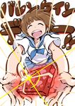  33333_33333 blue_skirt brown_hair closed_eyes incoming_gift kill_la_kill lens_flare mankanshoku_mako open_mouth round_teeth school_uniform serafuku short_hair skirt smile teeth valentine 