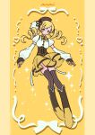  1girl black_boots black_gloves black_hat blonde_hair blush boots breasts brown_eyes brown_thighhighs character_name closed_mouth commentary detached_sleeves drill_hair fingerless_gloves full_body gloves hat heart highres long_sleeves mahou_shoujo_madoka_magica mahou_shoujo_madoka_magica_(anime) medium_breasts neki_(wakiko) pinstripe_thighhighs puffy_long_sleeves puffy_short_sleeves puffy_sleeves shirt short_sleeves skirt smile solo thighhighs thighhighs_under_boots tomoe_mami twin_drills twintails white_shirt white_sleeves yellow_background yellow_skirt 