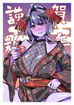  1girl absurdres akeome arunira black_kimono black_sclera blush breasts brll cleavage commentary_request cup demon_girl demon_horns eyebrows_visible_through_hair floral_print hand_up happy_new_year head_tilt highres holding horns huge_breasts japanese_clothes kimono long_sleeves looking_at_viewer new_year obi original pointy_ears purple_hair purple_skin red_eyes sash sitting slit_pupils smile solo spread_legs wide_sleeves 