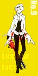  blood blood_stain bookcage boots chainsaw coat cosplay gloves kagerou_project konoha_(kagerou_project) leatherface leatherface_(cosplay) long_hair male_focus mask orange_eyes short_ponytail solo the_texas_chainsaw_massacre torn_coat 