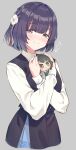  1girl blue_skirt blue_vest blunt_bangs blush braid character_doll chibigurumi closed_mouth collared_shirt commentary_request cropped_legs crossed_arms doll flower gakuen_idolmaster grey_background hair_flower hair_ornament hataya_misuzu hatsuboshi_gakuen_school_uniform highres holding holding_doll idolmaster long_sleeves looking_at_viewer mole mole_under_mouth pleated_skirt purple_eyes purple_hair school_uniform shirt short_hair shoukichi_(shony) simple_background skirt smile solo tsukimura_temari vest white_shirt 