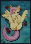 absurd_res animal_genitalia animal_vulva anus apple bat_pony bat_wings clitoris eepy_donkey equid equine_anus equine_genitalia equine_vulva fangs female feral flutterbat_(mlp) fluttershy_(mlp) food friendship_is_magic fruit genitals hair hasbro hi_res looking_pleasured lying mammal membrane_(anatomy) membranous_wings my_little_pony object_in_ass on_back pink_hair pink_tail plant puffy_anus solo spread_legs spreading tail teeth wings yellow_body