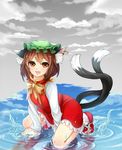  animal_ears brown_hair cat_ears cat_tail chen cloud earrings hat ibaraki_natou jewelry kneeling looking_at_viewer multiple_tails nekomata orange_eyes ribbon shoes short_hair solo splashing tail tongue tongue_out touhou two_tails water 