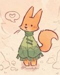 2025 anthro artist_name canid canine clothed clothing evergreen_tree fluffy fluffy_tail fox fur green_poncho heart_reaction heart_symbol hi_res male mammal orange_body orange_fur outside pine_tree plant poncho poncho_only rock sannchyart simple_background solo speech_bubble standing tail tan_background text tree