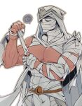  1boy bandaged_arm bandaged_torso bandages belt cape covered_abs dotori_012 korean_commentary male_focus marvel marvel_rivals moon_knight moon_knight_(disney+) muscular muscular_male no_pupils pectorals pelvic_curtain solo speech_bubble white_background white_cape white_eyes white_hood white_loincloth 