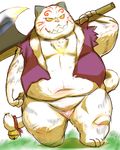  anthro bell bottomless chubby clothing feline grin kemono mammal naturally_censored navel open_shirt overweight pink_nose pixiv plain_background shirt sigenoya solo standing vest weapon white_background 