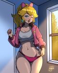  1girl blonde_hair blue_eyes bow breasts cleavage crop_top earrings hair_bow highres indoors jacket jayladair jewelry looking_at_viewer mario_(series) mario_kart mario_kart_world nail_polish navel one_eye_closed open_clothes open_jacket open_mouth panties pink_jacket pink_nails pink_panties ponytail princess_peach princess_peach_(touring) signature solo sphere_earrings sunlight thick_thighs thighs underwear window 