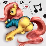  &lt;3 anus blush butt clothing cutie_mark equine female feral fluttershy_(mlp) friendship_is_magic fur hair hooves horse long_hair lying mammal mingamia my_little_pony on_side pink_hair pony pussy pussy_juice solo yellow_fur 