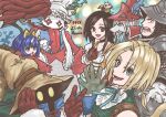  1boy 3girls 4boys adelbert_steiner amarant_coral anniversary aqua_ribbon armor artist_name ascot bare_shoulders beard bib black_choker black_mage_(final_fantasy) blonde_hair blue_ascot blue_coat blue_hair blue_sky blue_wrist_cuffs bodysuit bow breasts brown_eyes brown_gloves brown_hair burmecian cat_tail chef_hat choker cleavage coat copyright_name creature cropped_vest dreadlocks earrings eiko_carol facial_hair final_fantasy final_fantasy_ix freya_crescent frog furrowed_brow garnet_til_alexandros_xvii gloves green_eyes green_vest grey_gloves grey_hair hair_bow hair_over_eyes hand_on_headwear hand_on_own_chest hat helm helmet highres hoop_earrings horns jewelry long_hair low_ponytail medium_breasts moogle mouse_girl multiple_boys multiple_girls neck_ribbon open_mouth orange_bodysuit parted_bangs pauldrons ponytail quina_quen red_hair red_helmet red_sweater ribbon shirt short_hair shoulder_armor shoulder_tattoo single_horn skirt sky smile sweater tail tattoo tongue tongue_out u5apy0n upper_body v vest vivi_ornitier waving white_gloves white_shirt white_skirt winged_helmet wizard_hat wrist_cuffs yellow_bow yellow_eyes zidane_tribal 