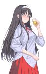  1girl absurdres black_hair blush breasts cup drunk hairband highres holding holding_cup jishui3q long_sleeves looking_at_viewer medium_breasts pleated_skirt purple_shirt red_skirt shirt simple_background skirt smile solo tohno_akiha tsukihime type-moon white_background white_hairband 