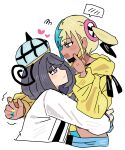  2girls bad_id bad_pixiv_id blonde_hair blue_eyes blue_hair blush canari_(pokemon) closed_mouth coat dark-skinned_female dark_skin from_side gwynn_(pokemon) han0579 hat heart highres hug jacket long_sleeves looking_at_another mask_pull multicolored_hair multicolored_nails multiple_girls open_mouth pokemon pokemon_legends:_z-a purple_eyes purple_hair split-color_hair spoken_blush two-tone_hair two-tone_nails upper_body white_background white_coat yellow_jacket yuri 