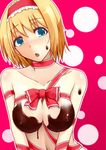  alice_margatroid between_breasts blonde_hair blush breasts chocolate chocolate_on_breasts covered_nipples hairband jajao large_breasts looking_at_viewer naked_chocolate naked_ribbon nude ribbon solo touhou upper_body valentine 